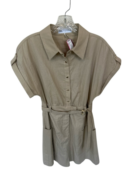 Zara Size S Oatmeal Linen Blend Short Sleeve Button Down Belted Romper Oatmeal / S