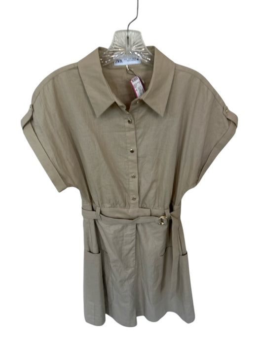 Zara Size S Oatmeal Linen Blend Short Sleeve Button Down Belted Romper Oatmeal / S