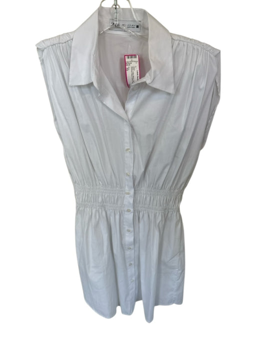 Zara Size XS White Cotton Blend Cap Sleeve Smocked Waist Button Down Dress White / XS