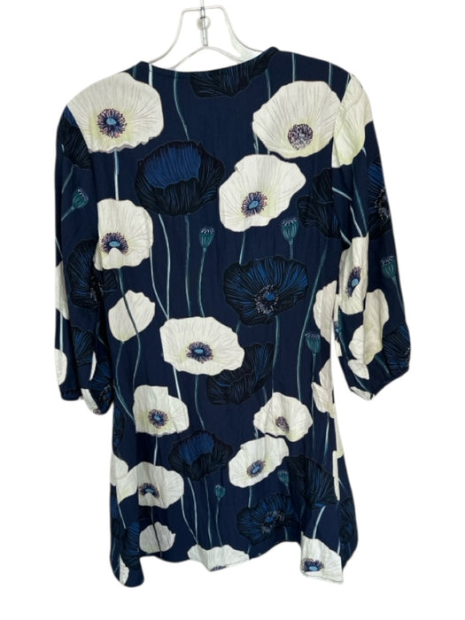 TCEC Size S Navy & Cream Rayon Long Sleeve Poppy Button Down Dress Navy & Cream / S