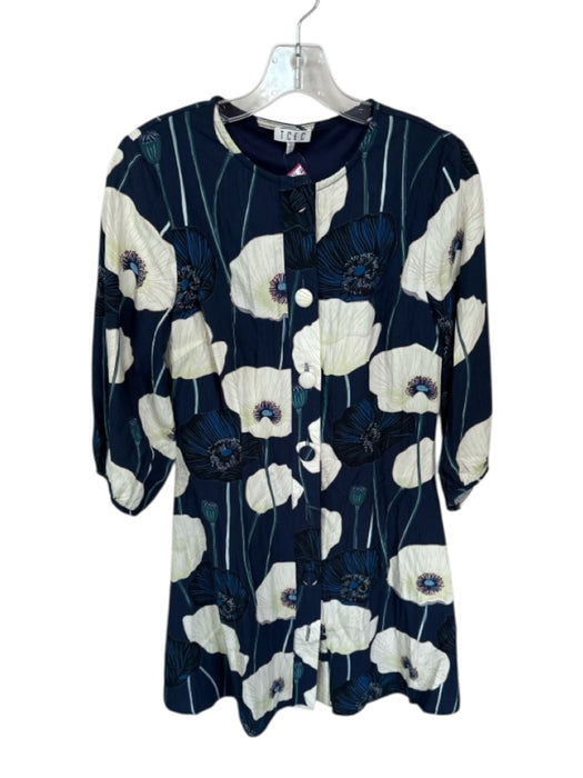 TCEC Size S Navy & Cream Rayon Long Sleeve Poppy Button Down Dress Navy & Cream / S
