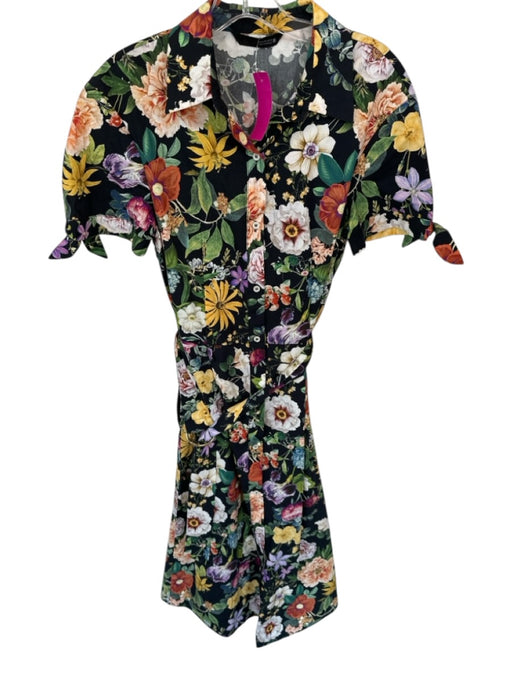 Zara Size XS Black & Multi Cotton Short Sleeve Botanical Button Down Maxi Dress Black & Multi / XS