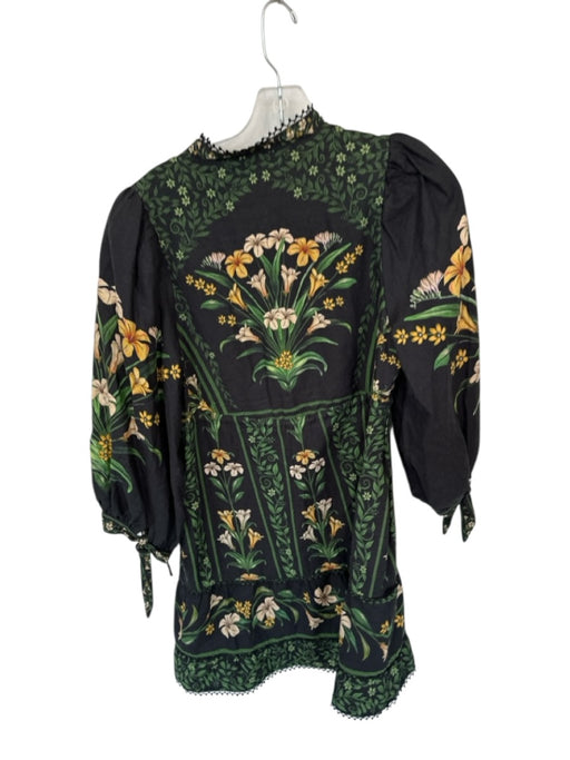 Farm Rio Size XS Black & Green Viscose Long Balloon Sleeve Botanical Dress Black & Green / XS