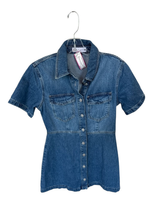 Zara Size L Med Dark Wash Cotton Short Sleeve Button Down Denim Dress Med Dark Wash / L
