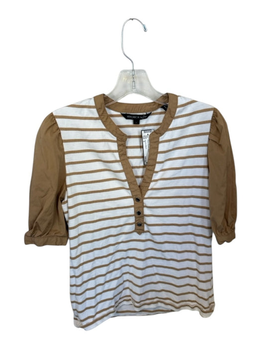 Veronica Beard Size S white & tan Cotton 3/4 Balloon Sleeve Striped Buttons Top white & tan / S
