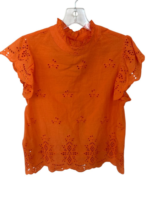 THML Size S Bright Orange Cotton Eyelet Ruffle Sleeve Detail Ruffle collar Top Bright Orange / S