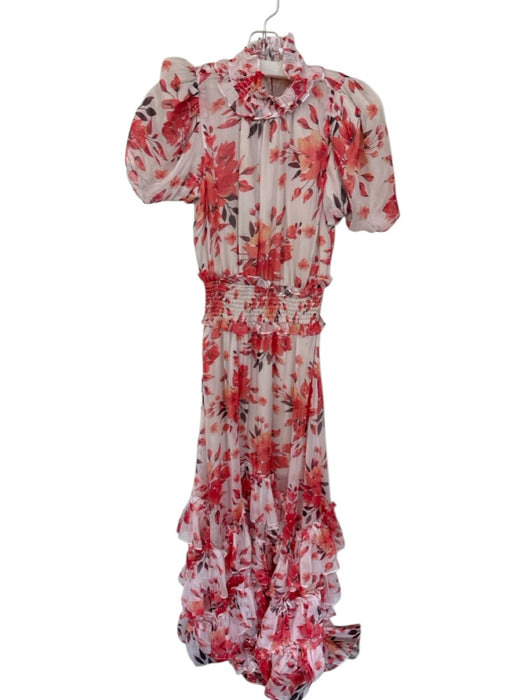 Elliatt Size XS Pink Orange & White Polyester Puff Sleeves Ruffle Collar Dress Pink Orange & White / XS