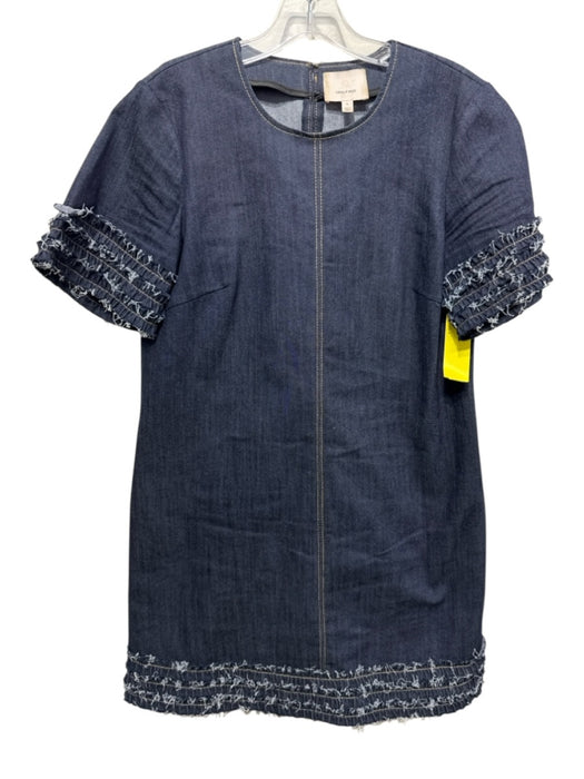 Cinq a Sept Size 6 Dark Wash Cotton Blend Denim Frayed Detail Short Sleeve Dress Dark Wash / 6