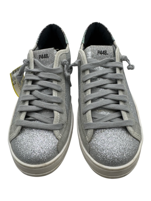 P448 Shoe Size 38 Silver & Gray Leather Upper Glitter Low Top Lace Up Sneakers Silver & Gray / 38