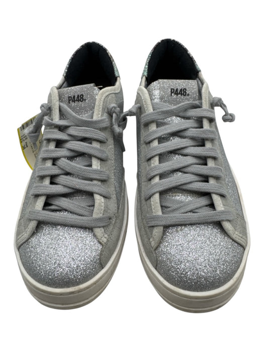 P448 Shoe Size 38 Silver & Gray Leather Upper Glitter Low Top Lace Up Sneakers Silver & Gray / 38