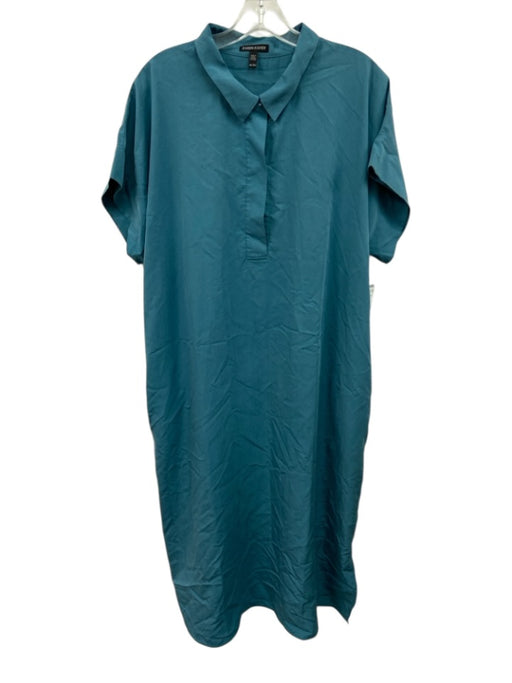 Eileen Fisher Size XL Teal Blue Tencel & Polyester Short Sleeve 1/4 Button Dress Teal Blue / XL