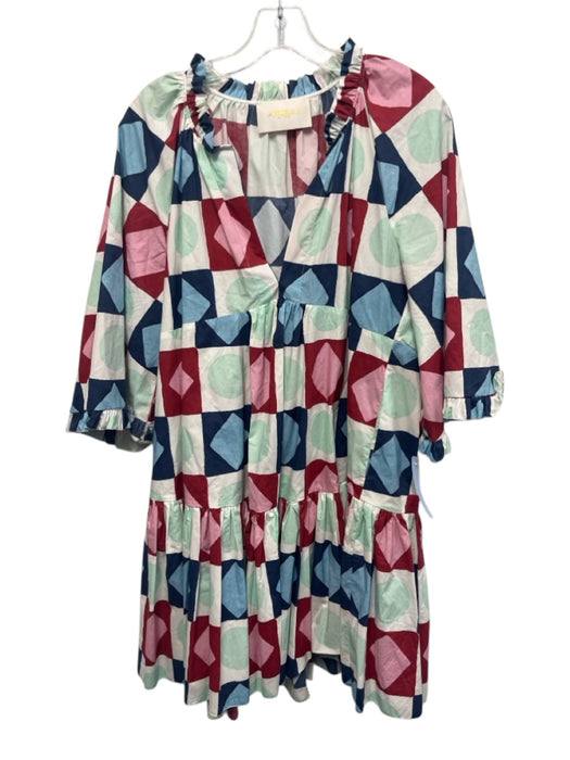 La Double J Size XL White, Blue & Red Cotton Geometric 1/2 Bell Sleeve Dress White, Blue & Red / XL