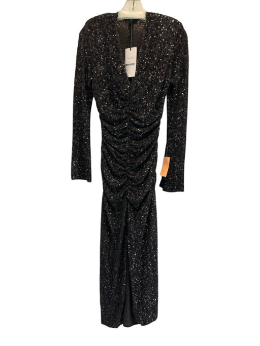 Zara Size M Dark Brown Polyester Blend Sequin Long Sleeve V Neck Gathered Dress Dark Brown / M
