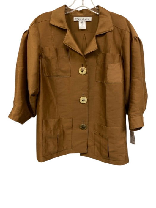 Oscar de la Renta Size S / 6 Tan Brown Cotton & Silk 3/4 Sleeve Pockets Jacket Tan Brown / S / 6