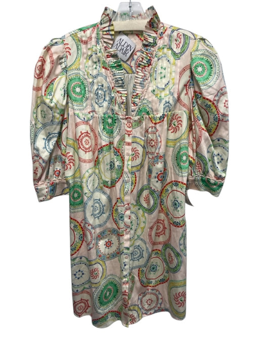 Alden Adair Size M Green & Red Cotton Multi Color Ruffle Collar V Neck Dress Green & Red / M