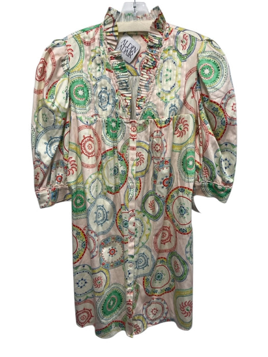 Alden Adair Size M Green & Red Cotton Multi Color Ruffle Collar V Neck Dress Green & Red / M