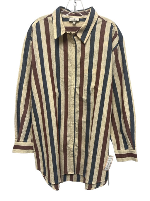 Tuckernuck Size M Beige, Navy & Brown Cotton Seersucker Striped Button Up Top Beige, Navy & Brown / M