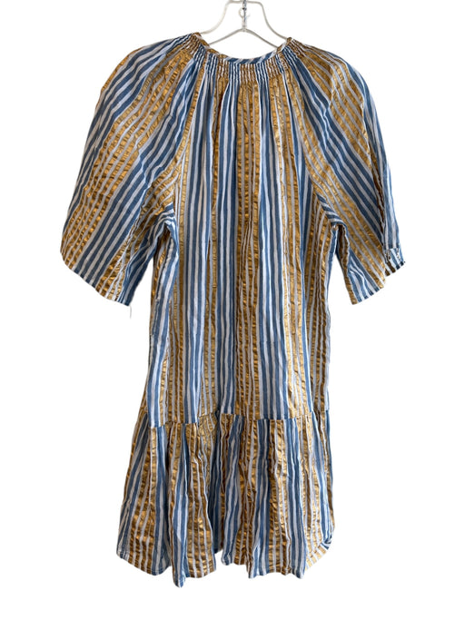 Oliphant Size Medium Tan, blue & gold Cotton Lined Striped Half Sleeve Dress Tan, blue & gold / Medium