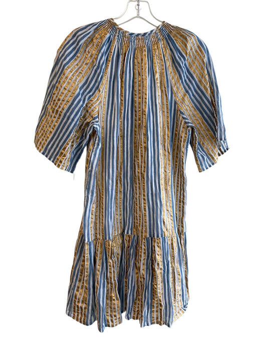 Oliphant Size Medium Tan, blue & gold Cotton Lined Striped Half Sleeve Dress Tan, blue & gold / Medium