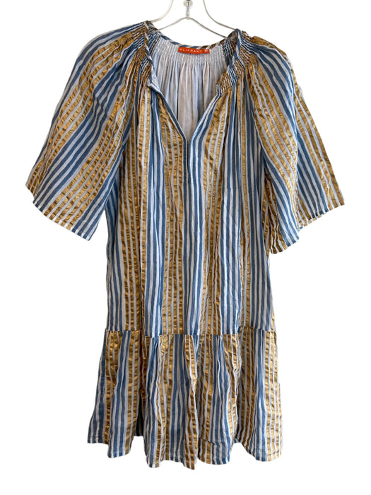Oliphant Size Medium Tan, blue & gold Cotton Lined Striped Half Sleeve Dress Tan, blue & gold / Medium