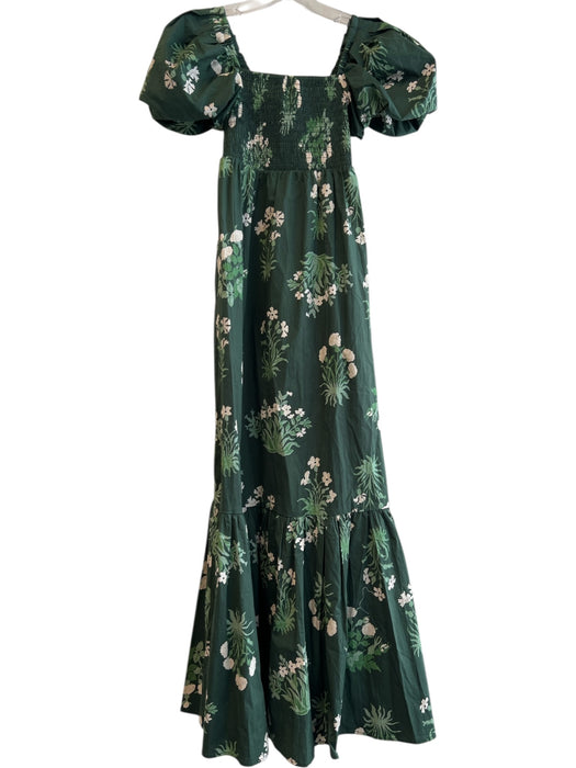 Tuckernuck Size XXS Green & White Cotton Floral Short Puff Sleeve Stretch Dress Green & White / XXS