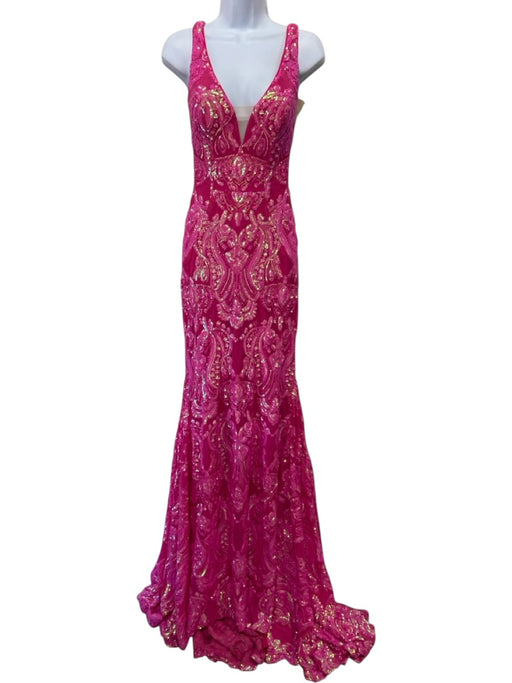 Jovani Size 0 Hot pink Sequin Embellished Sleeveless Mesh Panel Gown Hot pink / 0