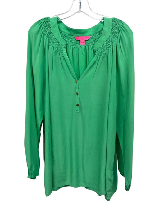 Lilly Pulitzer Size XXL Bright Green Silk Long Sleeve Gold Buttons Top Bright Green / XXL