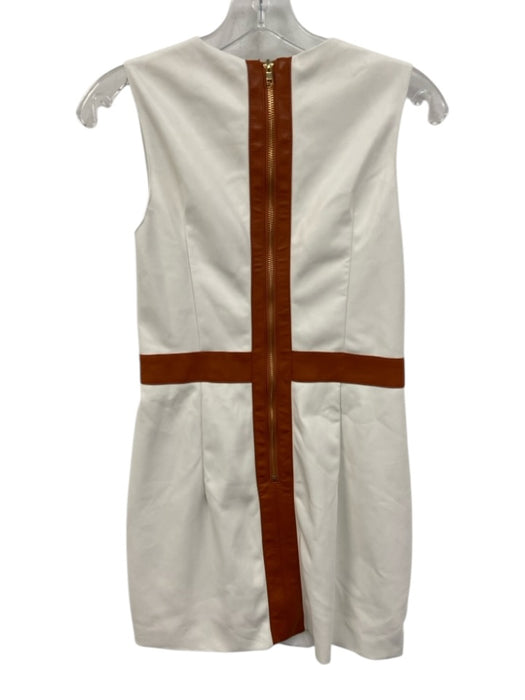 Mooyius Size S white & tan Faux Leather Sleeveless Back Zip Leather Trim Gown white & tan / S