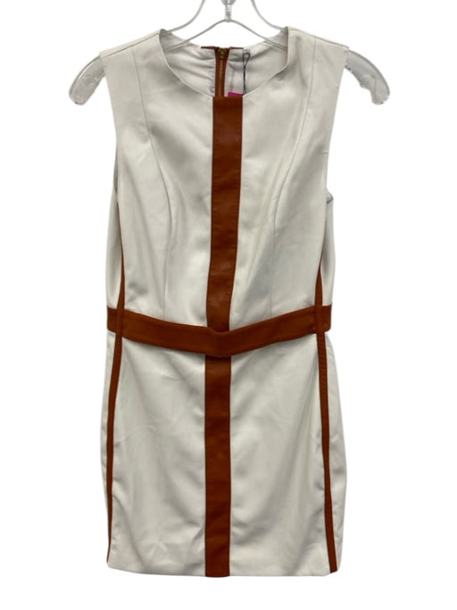 Mooyius Size S white & tan Faux Leather Sleeveless Back Zip Leather Trim Gown white & tan / S