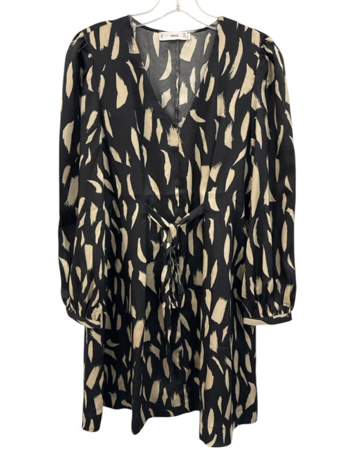 Mango Size S Black & Beige Polyester Long Sleeve Abstract Print Tie Front Dress Black & Beige / S