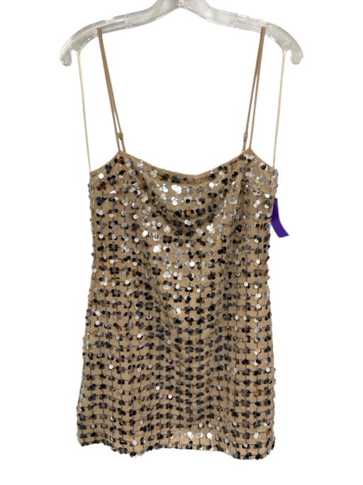 Zara Size M Beige & Silver Polyester Sequin Spaghetti Strap Back Zip Mini Dress Beige & Silver / M