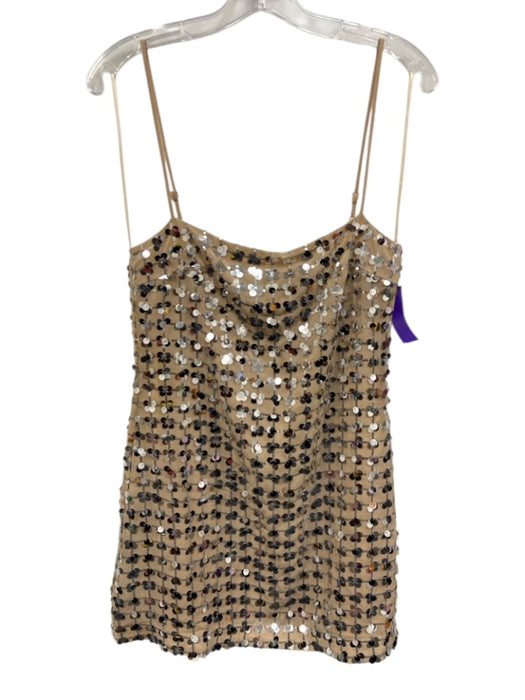 Zara Size M Beige & Silver Polyester Sequin Spaghetti Strap Back Zip Mini Dress Beige & Silver / M