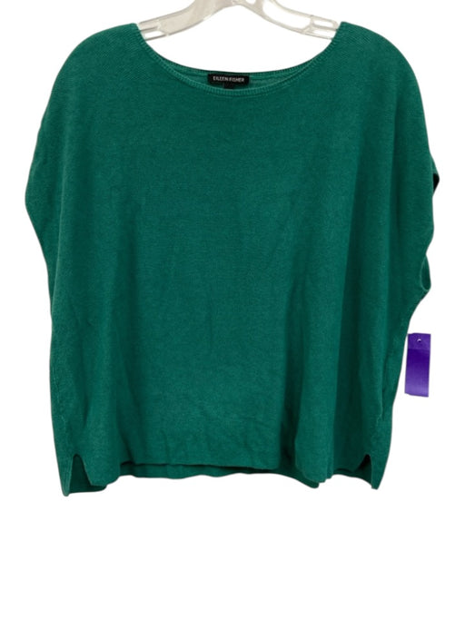 Eileen Fisher Size L Green Linen & Cotton Textured Short Wide Sleeve Boxy Top Green / L