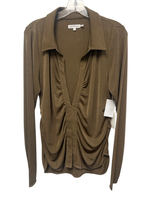 Good American Size 4 Brown Polyester Long Sleeve Collared V Neck Ruched Top Brown / 4