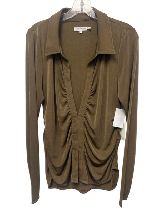 Good American Size 4 Brown Polyester Long Sleeve Collared V Neck Ruched Top Brown / 4