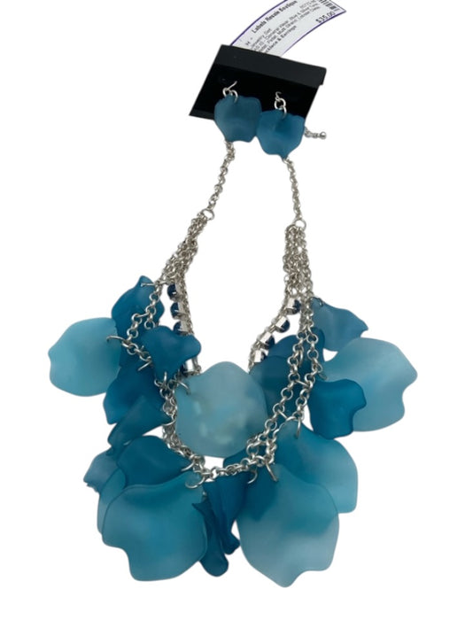 Blue & Silver Tone Metal Petal Multi Strand Lobster Clasp Fish Hook Jewelry Set Blue & Silver Tone