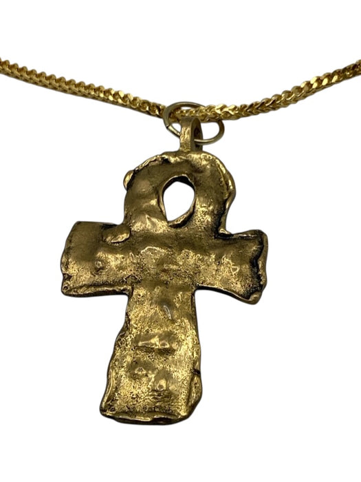 Plural Gold Tone Metal Chain Cross Pendant Hammered Lobster Clasp Necklace Gold Tone