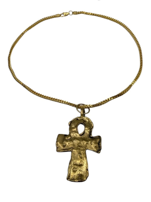 Plural Gold Tone Metal Chain Cross Pendant Hammered Lobster Clasp Necklace Gold Tone
