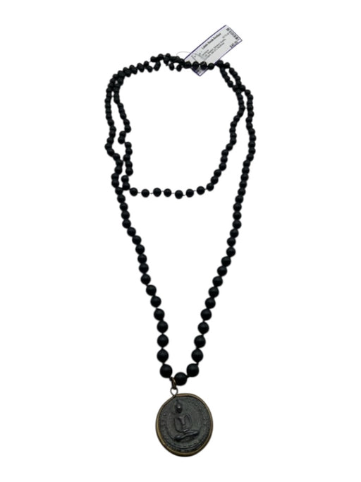 Black Beaded Stamped Buddha Pendant Set Of 2 Necklace Black