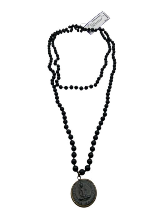 Black Beaded Stamped Buddha Pendant Set Of 2 Necklace Black