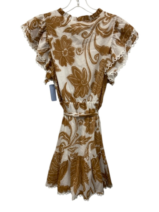 Sugarlips Size M White & Brown Cotton Ruffle Cap Sleeve V Neck loop trim Dress White & Brown / M