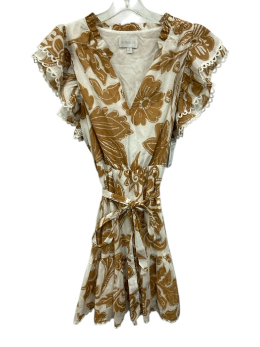 Sugarlips Size M White & Brown Cotton Ruffle Cap Sleeve V Neck loop trim Dress White & Brown / M
