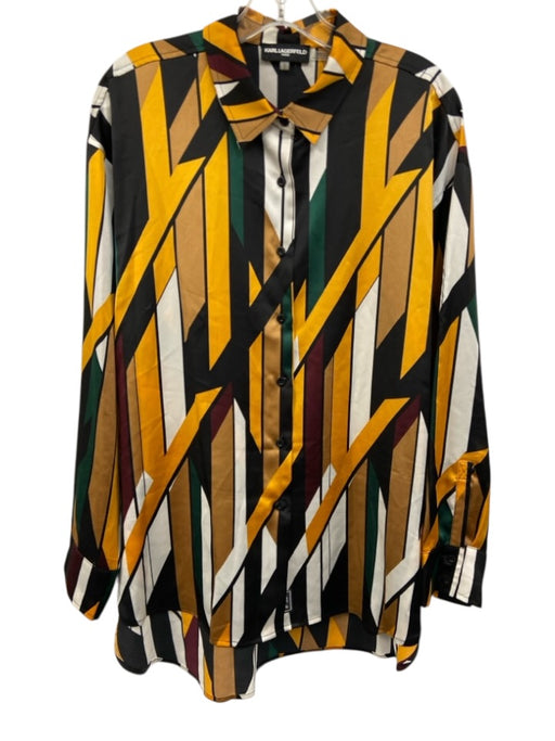 Karl Lagerfeld Size L Black, Yellow & Multi Polyester Geometric Stripe Shirt Top Black, Yellow & Multi / L