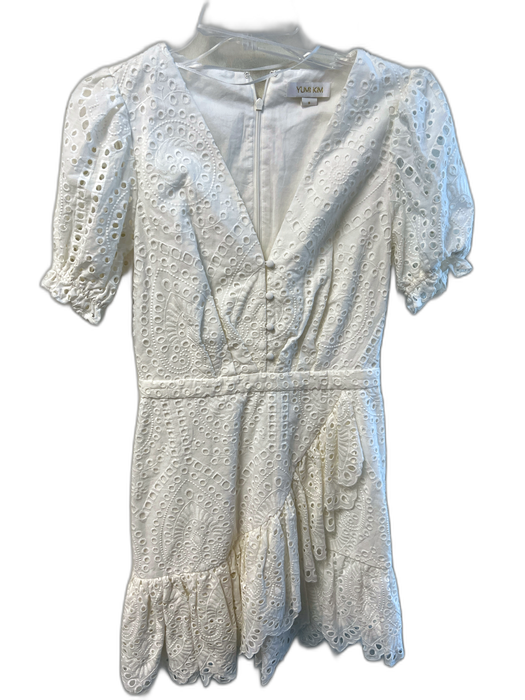 Yumi Kim Size S White Cotton Lace Overlay Puff Sleeve V Neck Back Zip Dress White / S