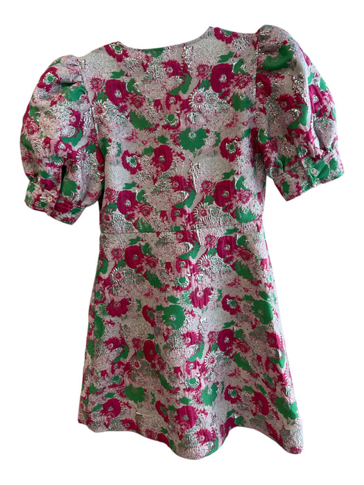 Ganni Size 36 Pink & Green Polyester Puff Sleeves Floral Print V Neck Dress Pink & Green / 36