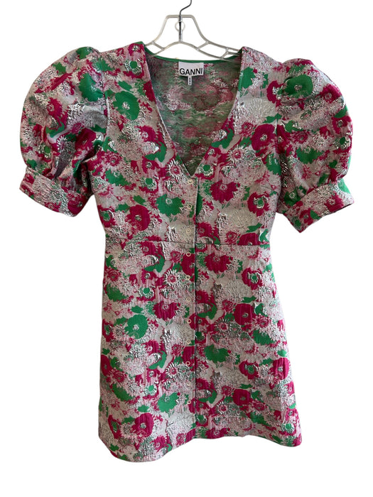 Ganni Size 36 Pink & Green Polyester Puff Sleeves Floral Print V Neck Dress Pink & Green / 36