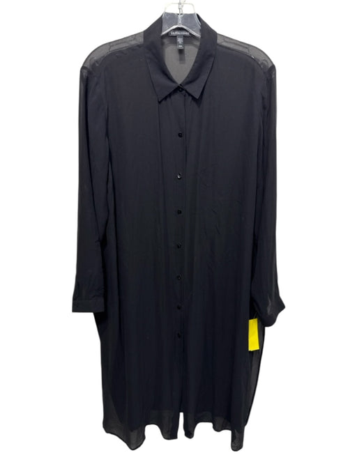 Eileen Fisher Size M Black Silk Elastic Waistband Sheer Button Up Pant Set Black / M