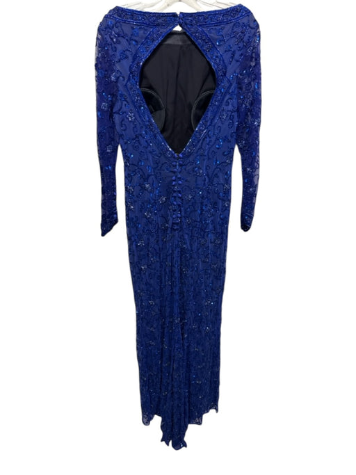 Escada Size 44 Blue Nylon Sheer Overlay Beaded & Sequined Floral Gown Blue / 44