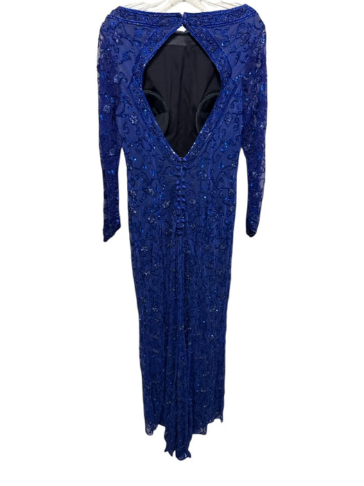 Escada Size 44 Blue Nylon Sheer Overlay Beaded & Sequined Floral Gown Blue / 44