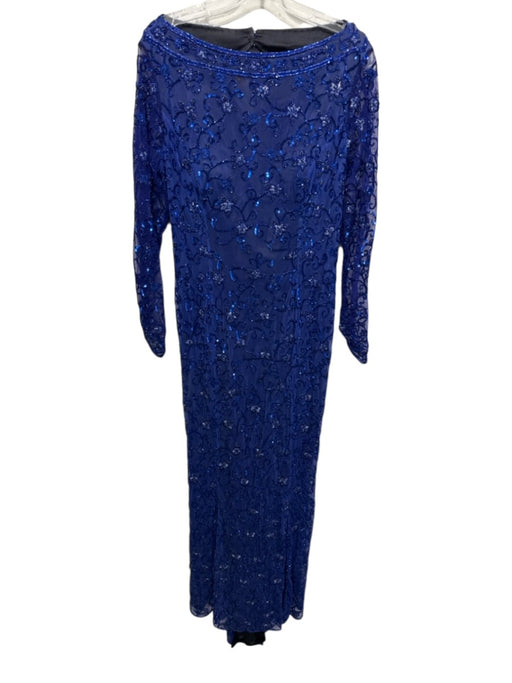 Escada Size 44 Blue Nylon Sheer Overlay Beaded & Sequined Floral Gown Blue / 44
